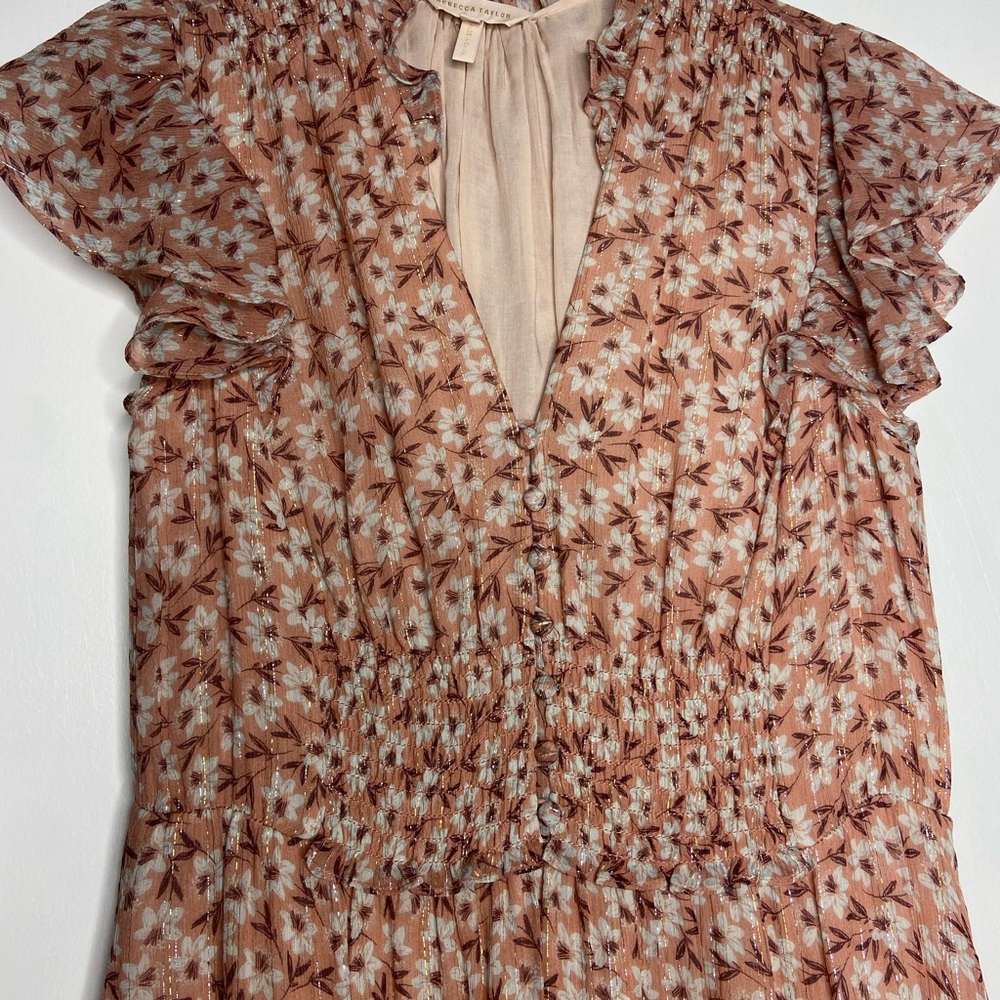 REBECCA TAYLOR Pink Ruffle Floral Mini Boho Dress Size 4 - Picture 5 of 10